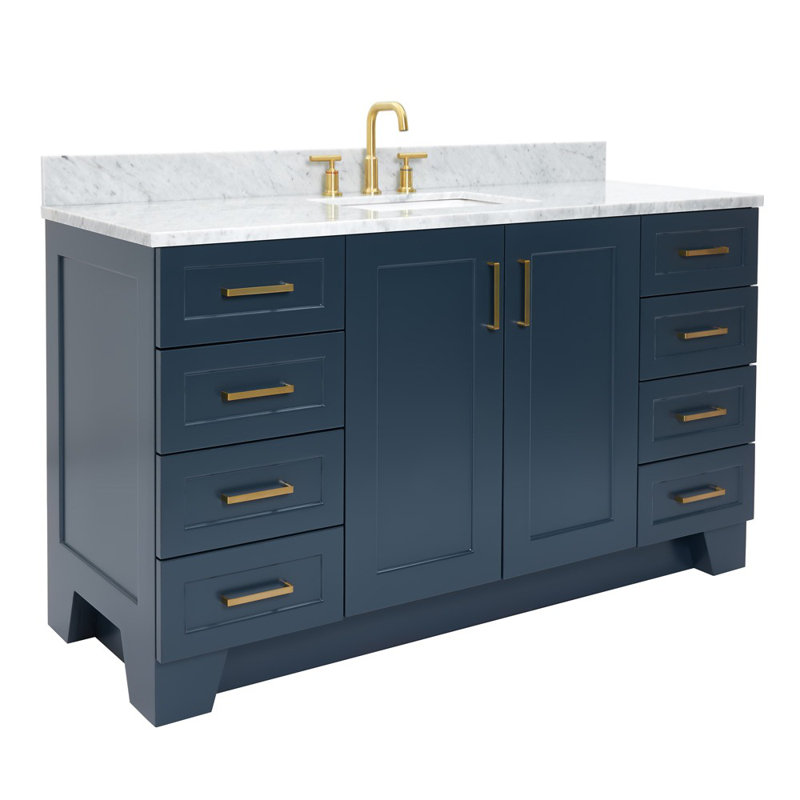 Nobe 60'' Solid Wood Single Bathroom Vanity with 0.75'' Carrara Marble Top, Midnight Blue, Rectangle, 60 Single Central