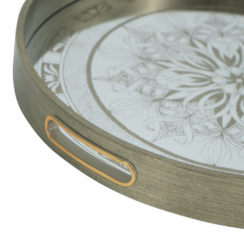 Round Silver Plastic Mirror Trays with Crest Motif - L:D17.5x1.5" S:D14.5x1.5"