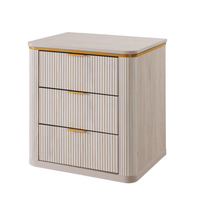 24" Fluted Nightstand With 3 Drawers, Mid Century Modern Wood Night Stand With Metal Handle