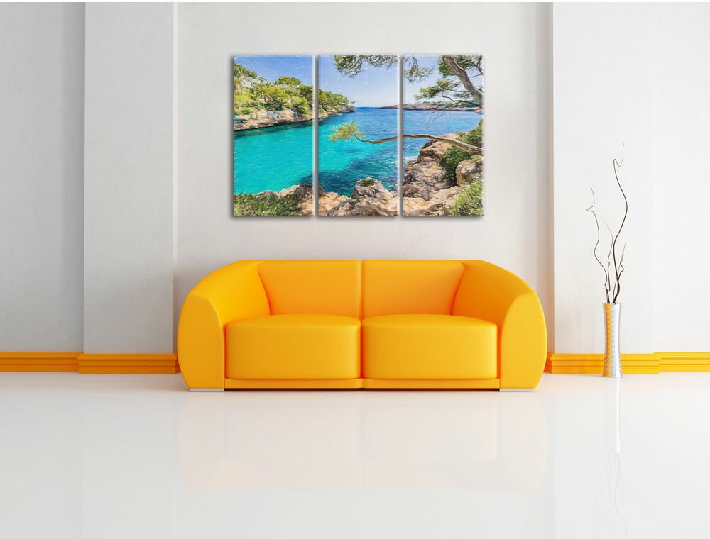 3-tlg. Leinwandbilder-Set „Idyllische Ansicht des Mittelmeers am Mallorca Bay Cove“, Grafikdruck