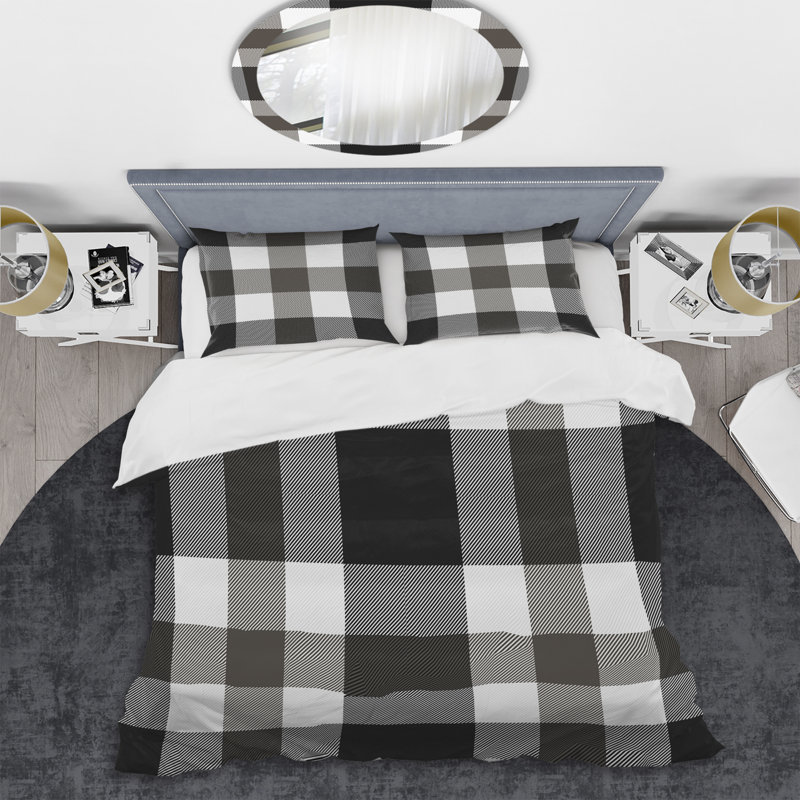 White and Black Checked Tartan Polyester Gingham Duvet Cover Set, Twin Duvet Cover + 2 Standard Shams