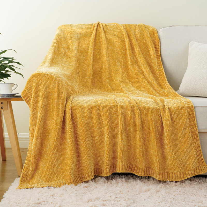 Chenille Knit Throw Blanket for Couch, Cozy Throw Blanket for Home Decor Sofa Chair, 51"x67", Mustard