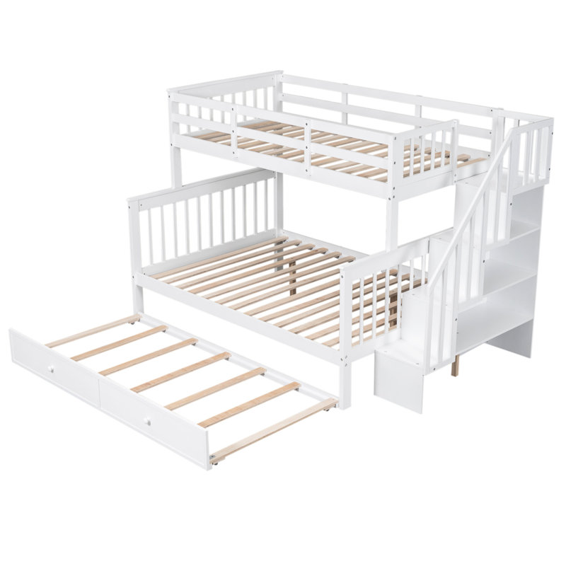 Lit superposé blanc avec lit gigogne simple et garde-corps, rangement inclus - grand lit en bois massif pour adultes