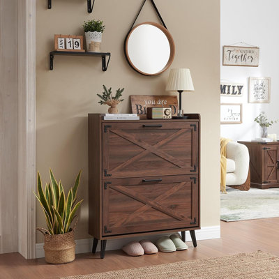 Farmhouse Shoe Storage Cabinet With 2 Flip Drawers & Barn Door Design, Freestanding Hidden Slim Shoe Rack Organizer For Entryway, Foyer, Hallway