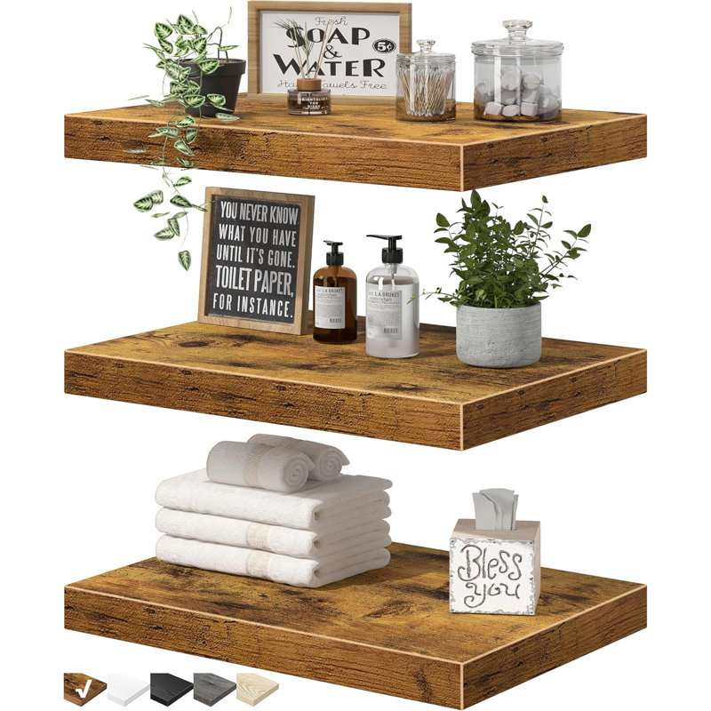 10" Deep Floating Wall Shelves Set Of 3, Rustic Farmhouse Display Shelves