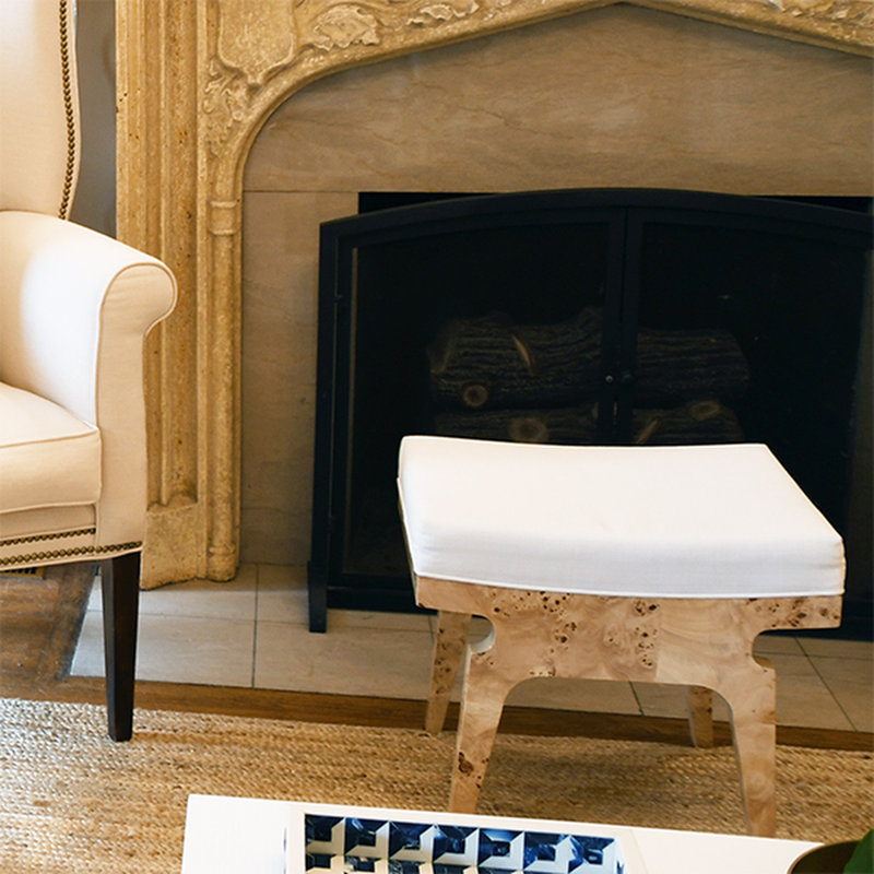 Beige Cerused Oak Rectangular Accent Stool with White Linen Cushion
