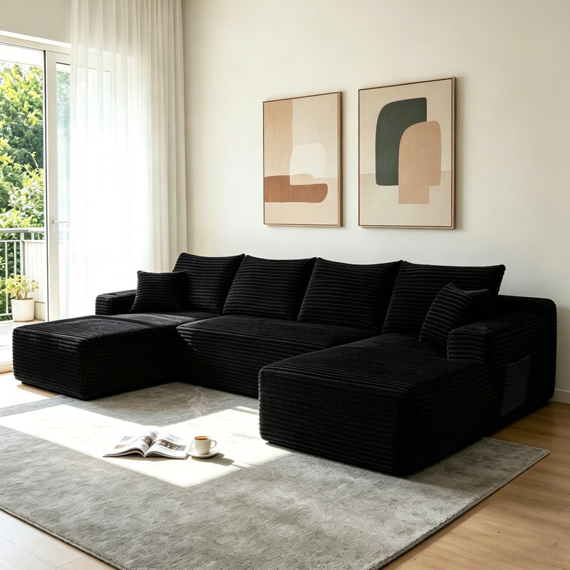 Canapé modulaire en forme de U de 134 po avec méridienne en U, poches latérales et porte-gobelet, conception modulaire moderne, assise profonde, canapé rembourré pour le salon / la chambre à coucher, aucun assemblage requis (moelleux) noir