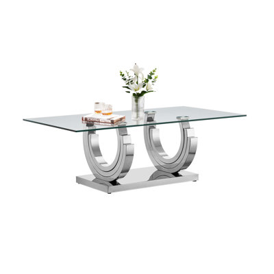 51.18" Tempered Glass Coffee Table, Luxury Sofa Coffee Table with 3C-Shape Stainless Steel Frame and Clear Glass Top, Modern Rectangular Cocktail Table for Living Room