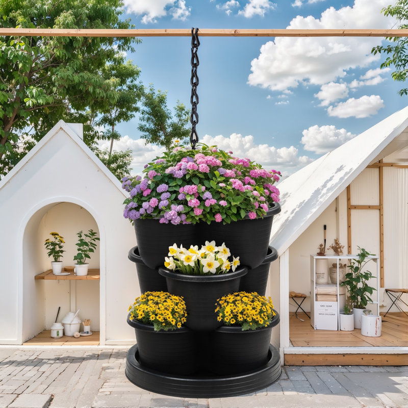 Soban Vertical Strawberry Planter, 5 Tier Hanging Vertical Gardening Planter, Stackable Garden Tower Pot For Strawberries, Flowers, Herbs, Vegetables With Removable Wheels And Hooks