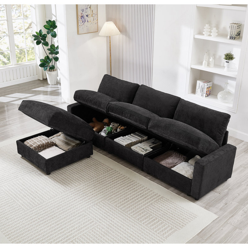 Canapé modulaire modulaire avec 4 espaces de rangement, canapé en tissu de polyester en forme de L pour le salon, canapé 3 places avec repose-pieds Cloud Comfort
