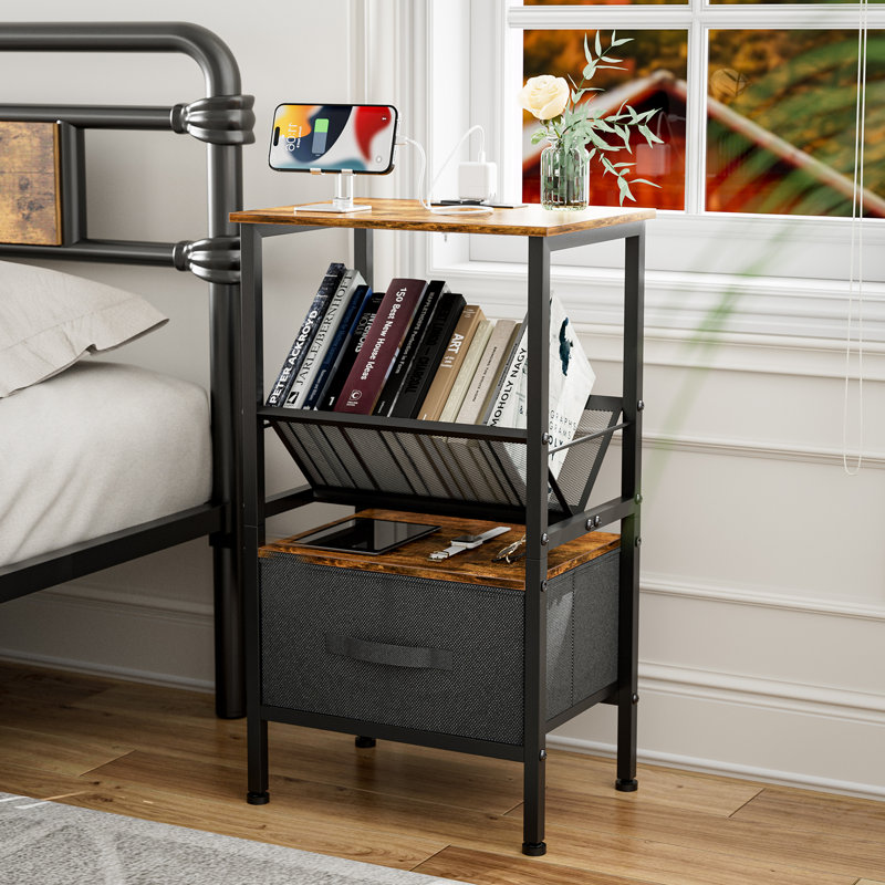 Table d'appoint avec étagère à livres pour disque vinyle, brun rustique