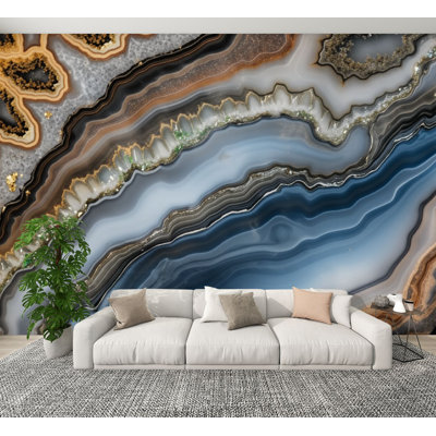 Peel and Stick Wallpaper Abstract Agate Stone Blue Brown White Layers Wall Murals 69"H x 96"W Removable PVC Wall Paper Self-Adhesive Wall Decor for Bedroom Living Room Home Office