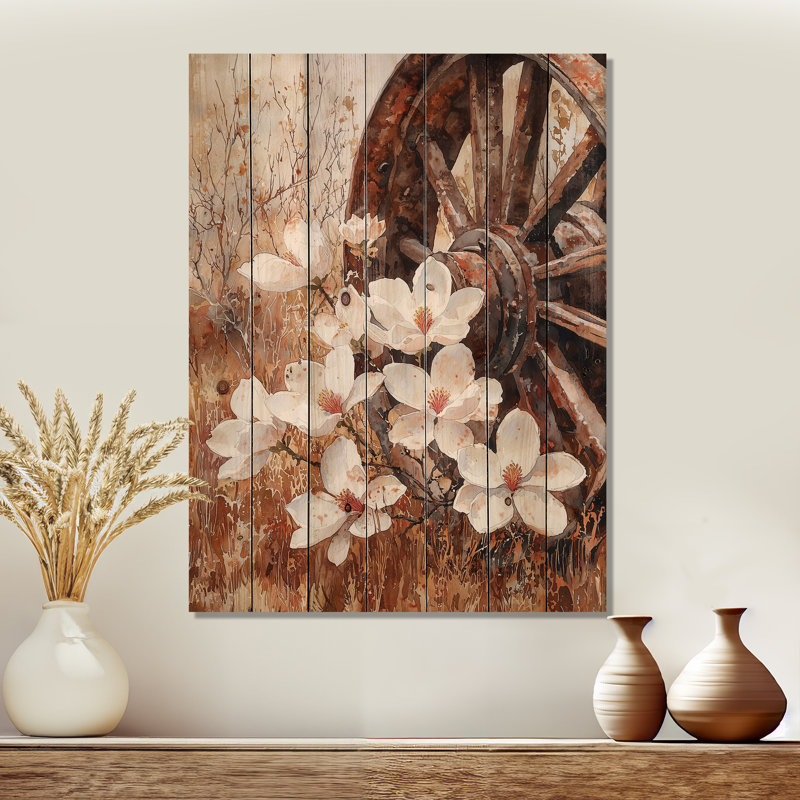 Magnolias By The Wagon Wheel I - Magnolias Wood Wall Decor - On Natural Pine Wood, 40" H x 30" W x 0.78" D