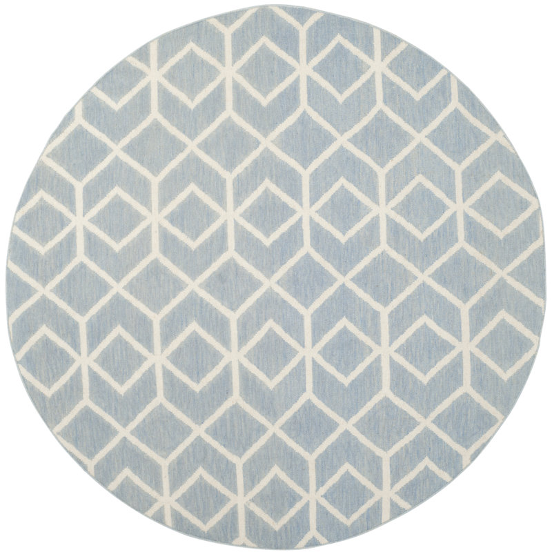 Rodgers Hand Woven Flat Weave Wool/Cotton Geometric Rug in Blue/Ivory, Round 6'