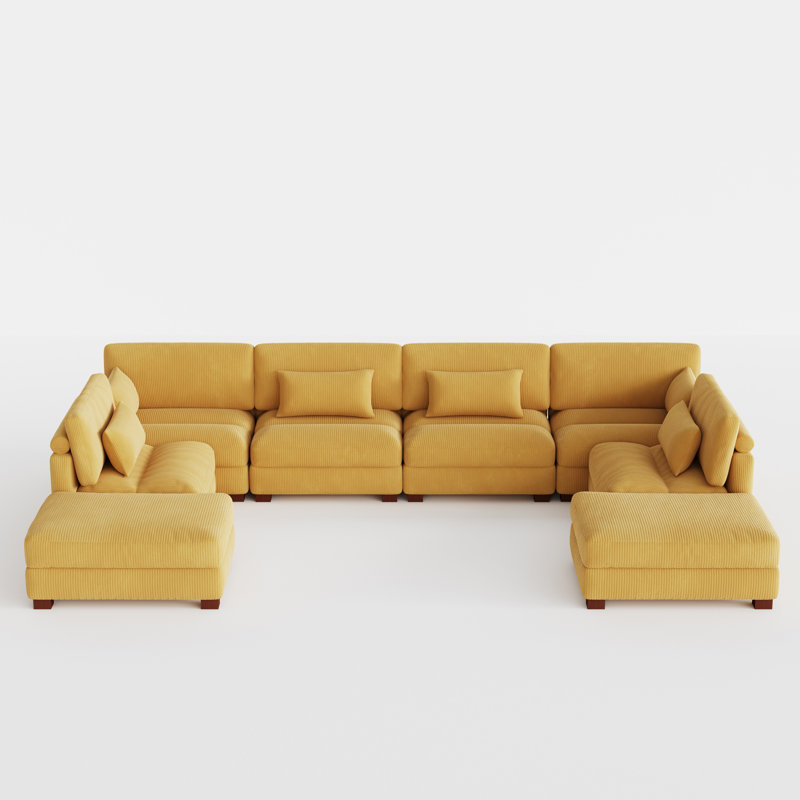 Maelina 8-Piece Corduroy Modular Sectional with 2 Ottomans, Orange Corduroy