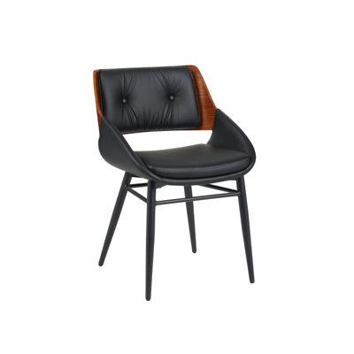 Fauteuil de salle à manger d'intérieur en vinyle noir avec dossier capitonné et dossier extérieur en placage de noyer, structure en métal noir