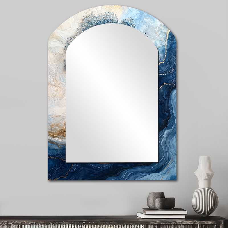 Arbre turquoise de la vie dans la rivière de l'existant I - Grand miroir mural arqué sur métal, 34 po x 25 po