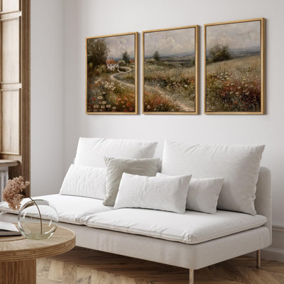 Wildflowers " Countryside Cottage Idyllic Landscape With Floral Illustration Rustic Decor Relax Calm Chic " 3 - Pieces