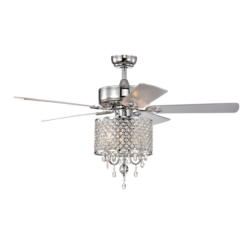 Chaîne de 52 po pour ventilateur de plafond en cristal classique avec chaîne à 3 vitesses (haute, moyenne, basse), 5 pales réversibles pour le salon, la salle à manger, la chambre à coucher, la salle familiale, chrome, 3PCS * E12 (sans ampoule inclu