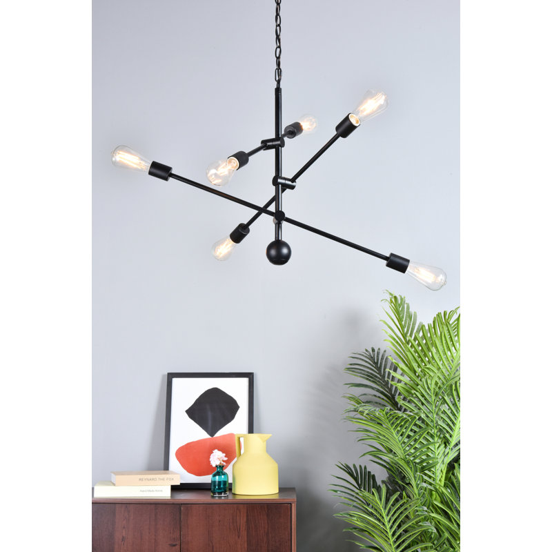 Lustre Spoutnik linéaire moderne Whelchel, Noir, Six lumières, H 21 po x l 29 po x P 29 po