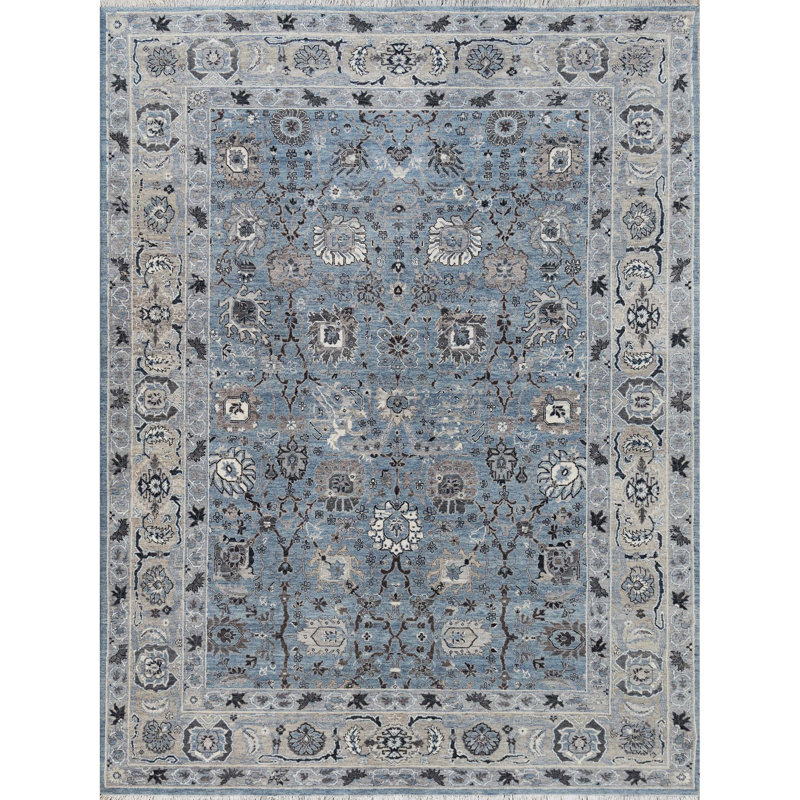 Oriental Hand-Knotted Wool Area Rug in Gray/Blue/Brown, Rectangle 6' x 9', Gray/Blue/Brown