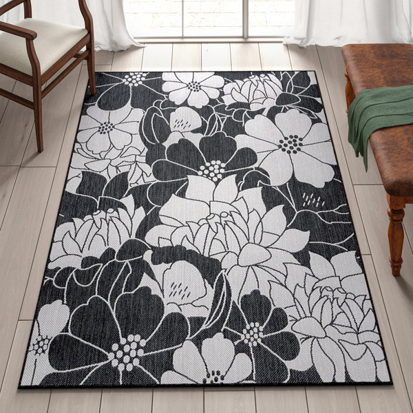 Lark Manor Antaeus Floral Black/Gray Indoor & Outdoor Area Rug ...