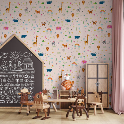Adhésif mural animaux et arcs-en-ciel minimalistes | Papier peint Playful Safari Nursery | Non-tissé ou pelez et collez
