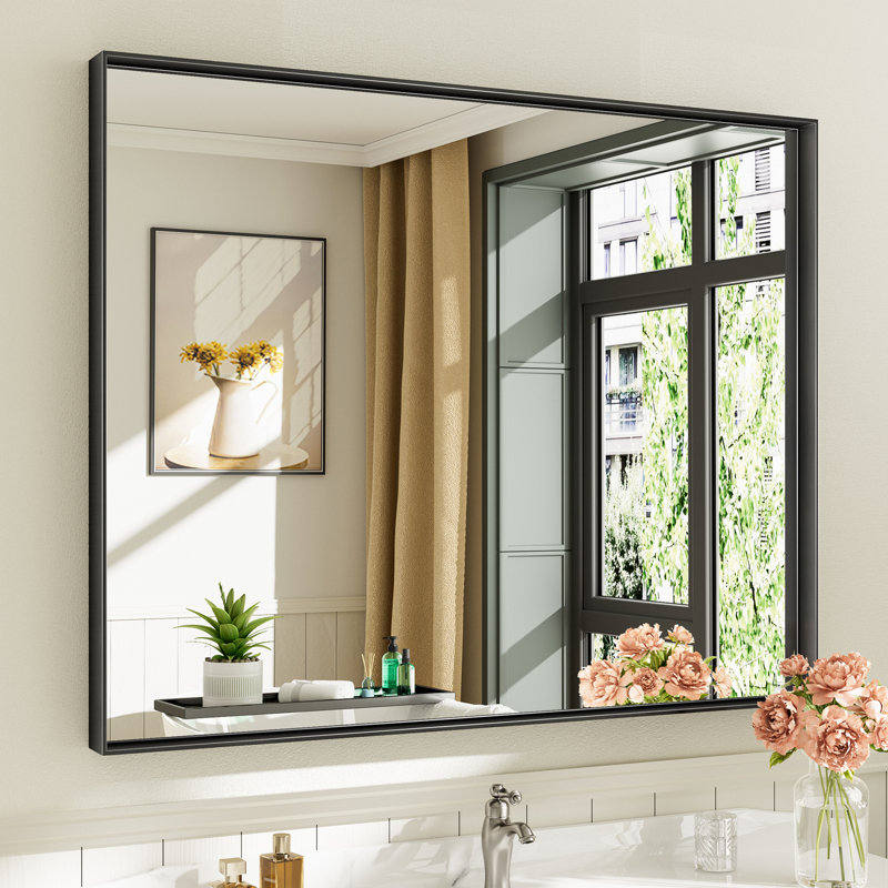 Modern & Contemporary Matte Black Aluminum Alloy Framed Rectangular/Square Bathroom Vanity Mirrors with HD Tempered Glass
