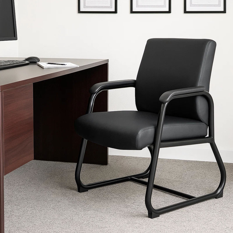 Fauteuil d'invité, vinyle antimicrobien noir, structure de base traîneau