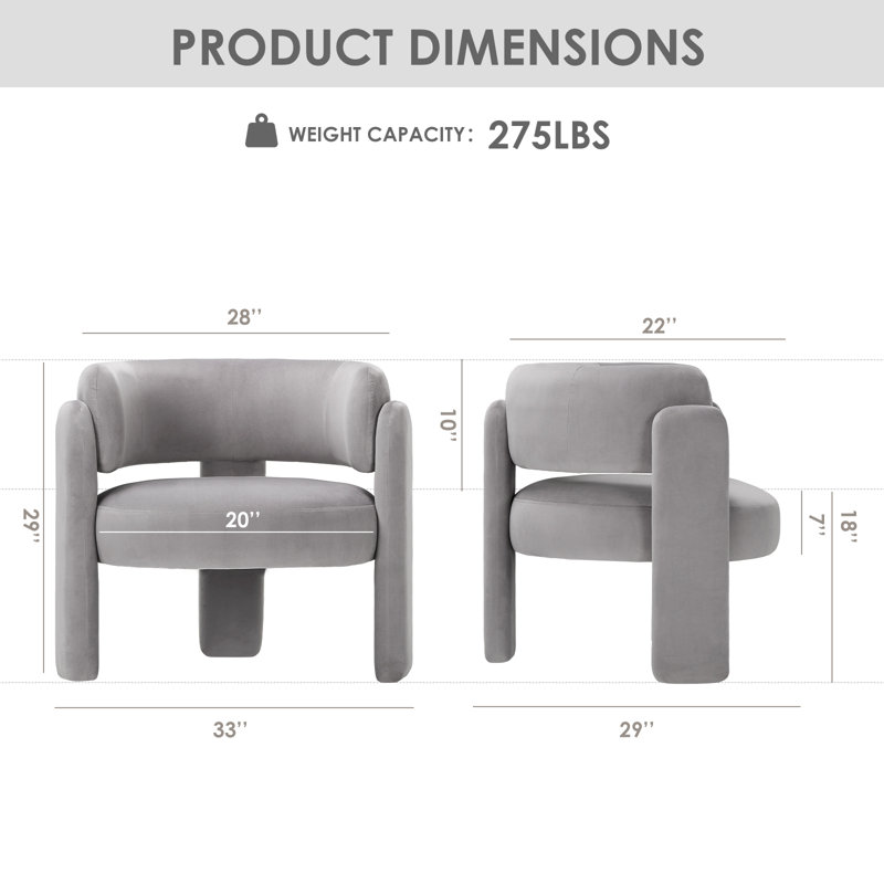33" Wide Upholstered Modern 3-Legs Barrel Accent Chair, Light Gray Fabric