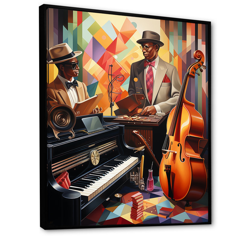 Cubist Jazz Harmony 2 - Jukeboxes, art mural, Cadre flottant noir, H 44 po x l 34 po x P 1,5 po