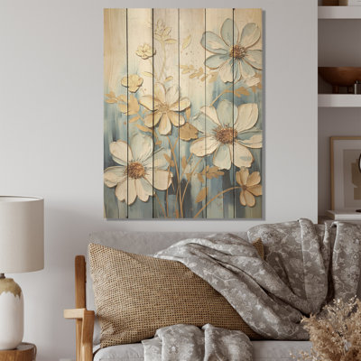 Nature of Blue Zinnias Symphony - Zinnias, panneau mural en bois sur bois de pin naturel
