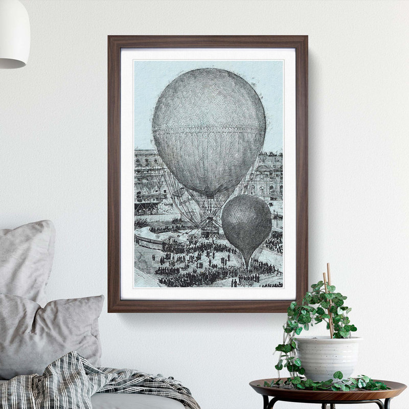 Hot Air Balloons in Paris by Henri Gifford - Picture Frame Drawing Print, Walnut Framed, 48cm H x 36cm W x 2cm D