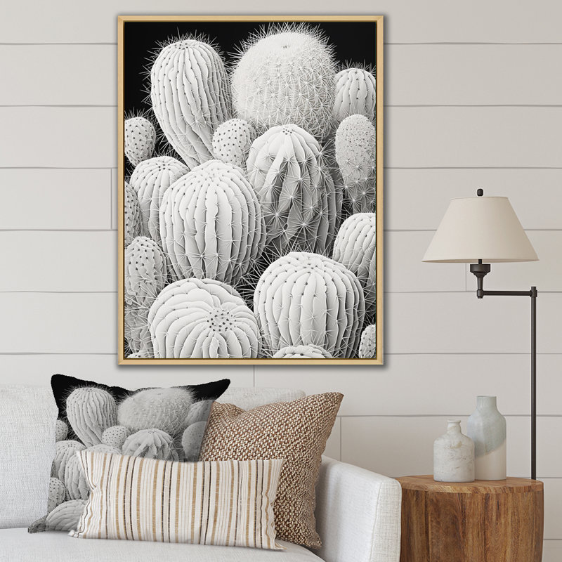 Noir et blanc, minimalisme, cactus sur toile, Cadre naturel flottant, H 32 po x l 16 po x P 1 po