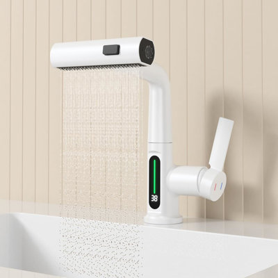Robinet escamotable de salle de bain avec affichage de la température à DEL - rotatif à 360 °, 31 modes de bec, hauteur réglable, robinet de lavabo blanc et capteur de hauteur