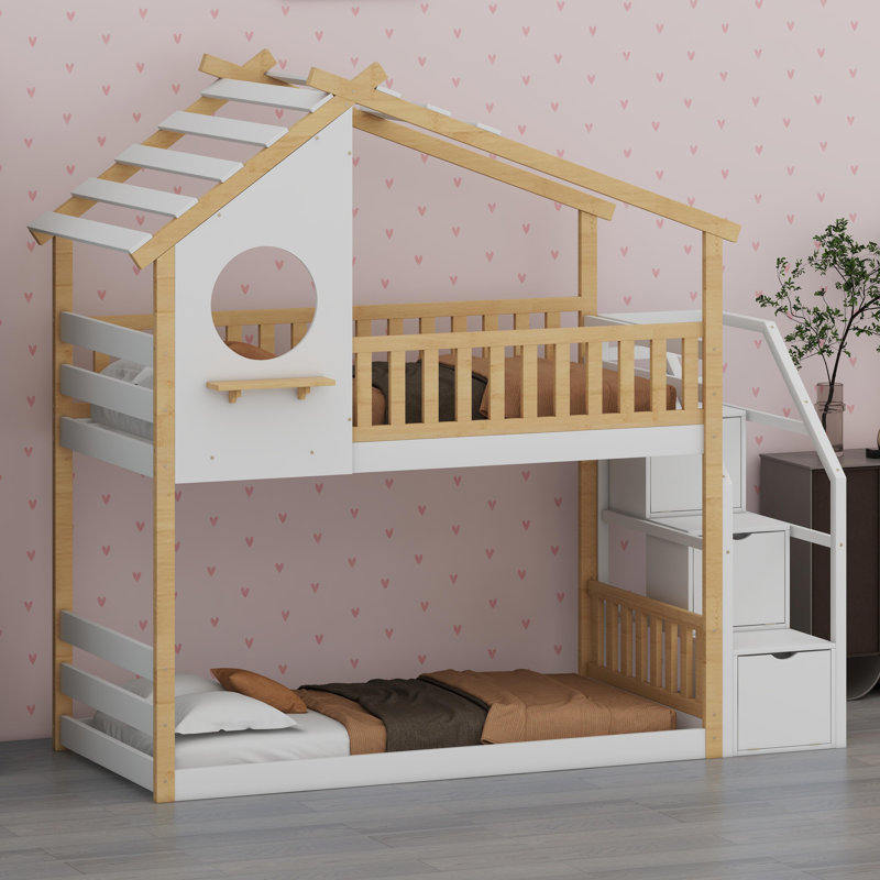 Lit superposé en escalier avec rangement intégré et garde-corps