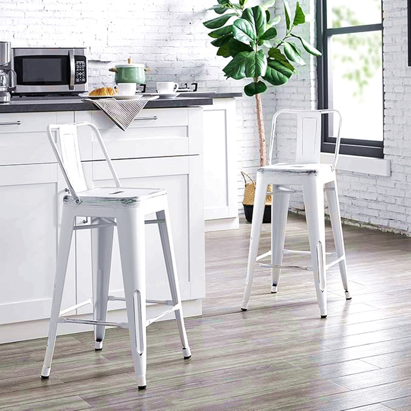Tabourets de bar en métal avec dossier à seau et 4 pieds, tabourets de bar (ensemble de 2), Blanc