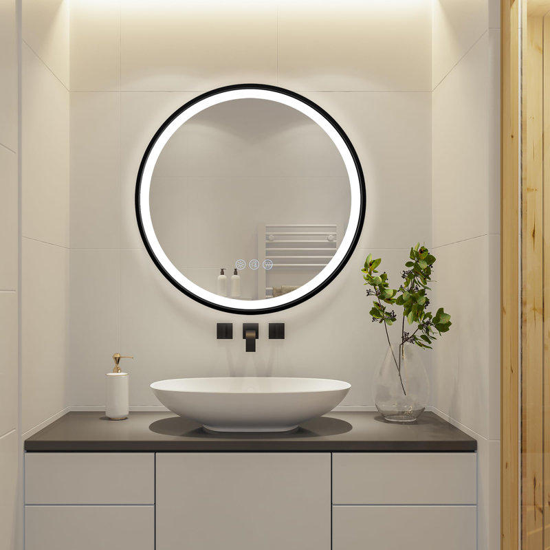 Miroir lumineux rond 24 po à DEL avec cadre désembouage Lucid Collection Lucid, Noir