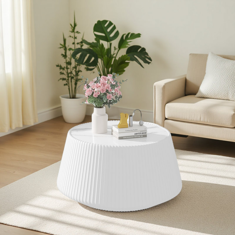 Table basse moderne en cuir fritté avec dessus en pierre pour meubles de salon, Blanc, crème, Blanc, crème