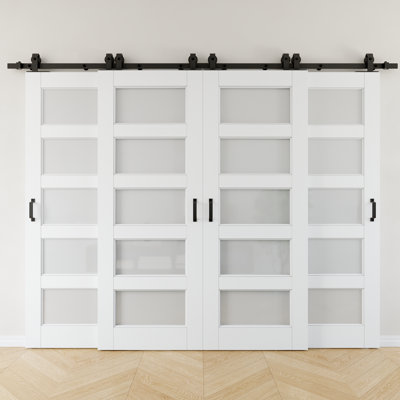 80"H 5-Lite Frosted Glass Manufacture Wood, White Primer Bypass Sliding Barn Doors, Two Single-Track Systems Hardware Kit Included, 4 Door — No Assembly Required, Paintable