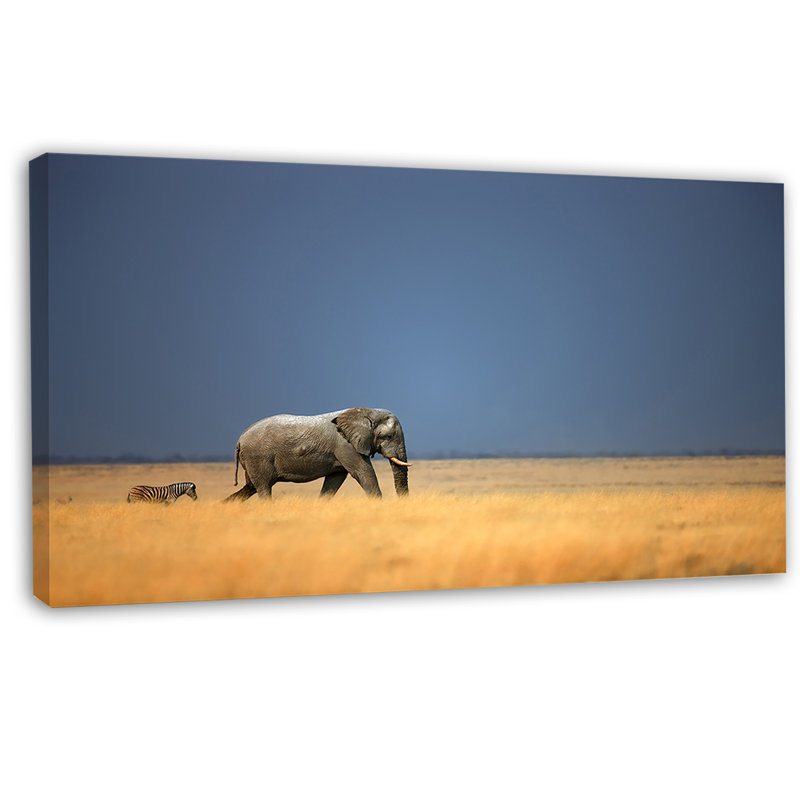 «Elephant and Zebra Walking in Bush», reproduction de photo sur toile tendue, H 16 po x l 32 po x P 1 po