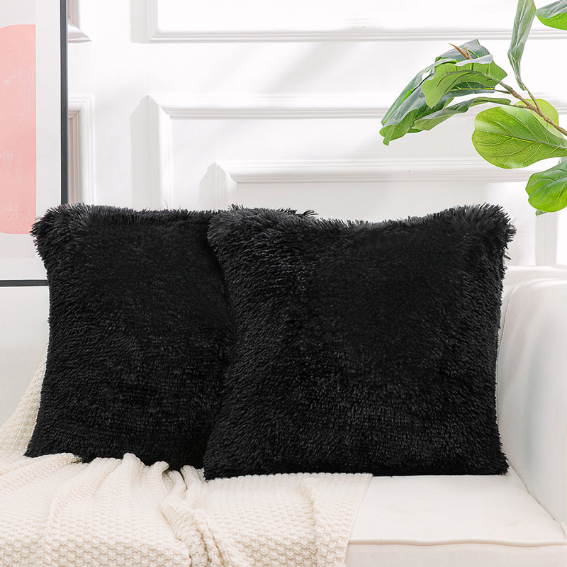 Housse de coussin carrée en fausse fourrure, Noir, H 24 po x l 24 po