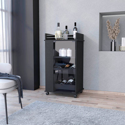 Chariot-bar Lusk avec porte-bouteilles, porte en verre et roulettes