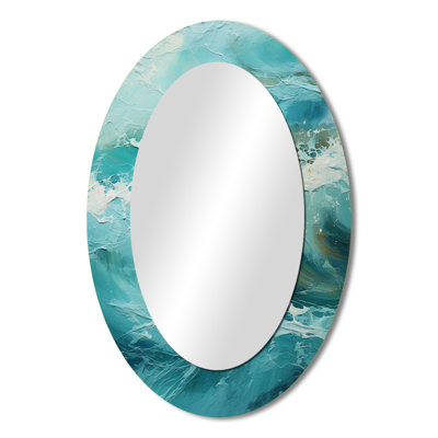 Ocean Teal Wave Expression II - Blue Coastal Oval Wall Mirror