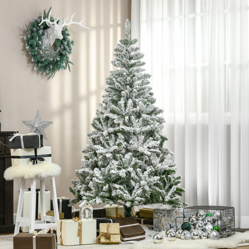 6Ft Unlit Flocked Artificial Christmas Tree, Xmas Pine Tree with Realistic Branches, Auto Open and Steel Base