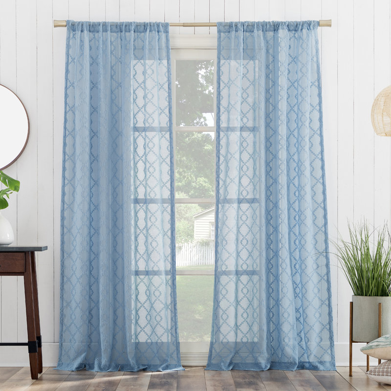 Geometric Clipped Semi-Sheer Rod Pocket Curtain Panel, Tranquil Blue, 50" W x 96" L