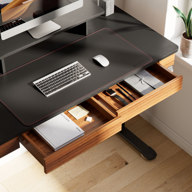 Metal Base Standing Desk with Power Outlet, 122cm H x 120cm W x 61cm D, Black/Brown