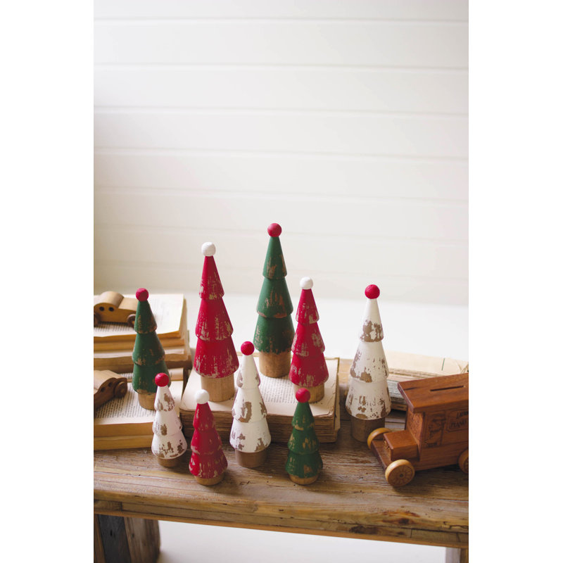  Set of Nine Turned Wood Painted Christmas Trees – Rustic Holiday Decor
