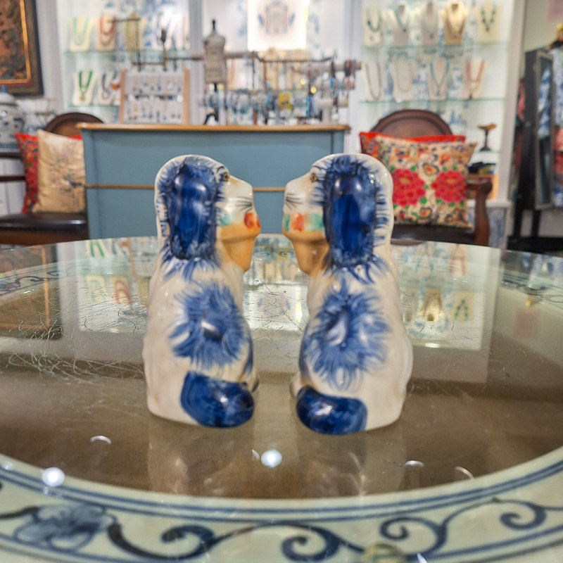 Small Black Staffordshire Style Basket Dog Figurines Pair, Blue/White/Beige