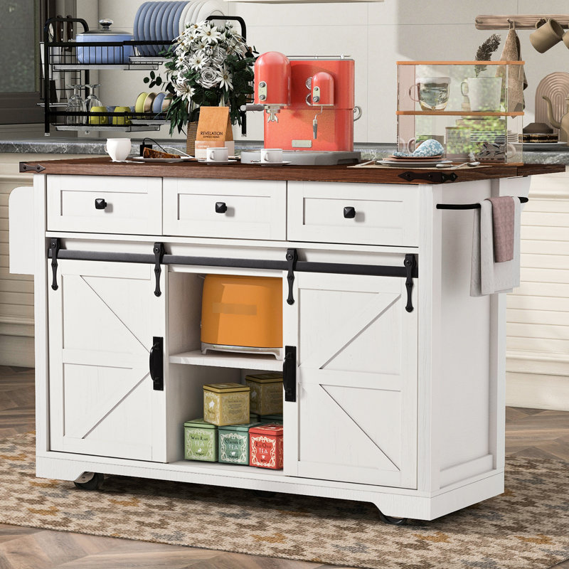 White Kitchen Island With 47" Drop Leaf And Power Socket, Rolling Cart 2 Sliding Barn Doors Spice Rack For Home Dining 53.7" Wheels Supply, Leaf, 3 Drawers Dining,